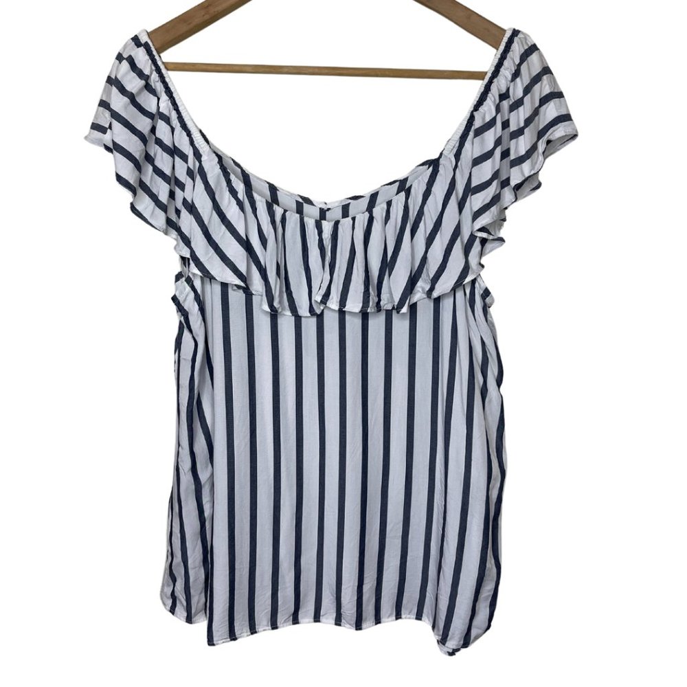 OLD NAVY | Blue and White Striped Ruffle Off Shoulder Top | Size L - Picture 4 of 7